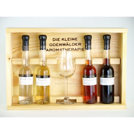 Holzkiste für Aromatherapie 4x 0,1Liter und 1 Glas